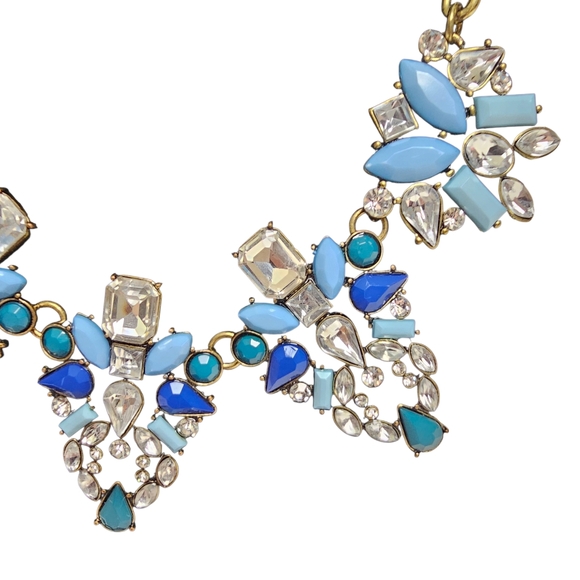 Rhinestone Station Statement Necklace With Blue Stones In Dark Brassy Gold Tone - Picture 4 of 8